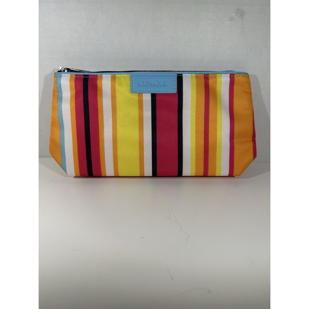 Clinique Cosmetic Pouch – Multicolor Striped Makeup Bag Chic Colorful